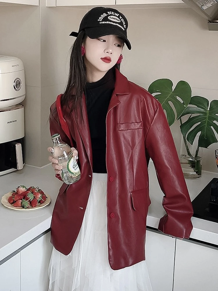 Girls Leather Blazer Spring Fall New Fashion PU Jacket Outerwear Loose Casual Teenage Kids Tops Clothes 13 14 15 Years Dark Red