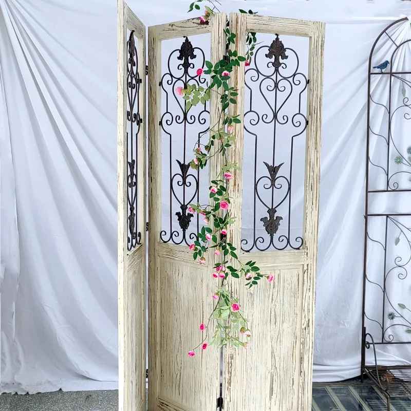 French wall decoration, wall hanging, retro wrought iron hollow hanging board, old fake window mirror on the background wall of