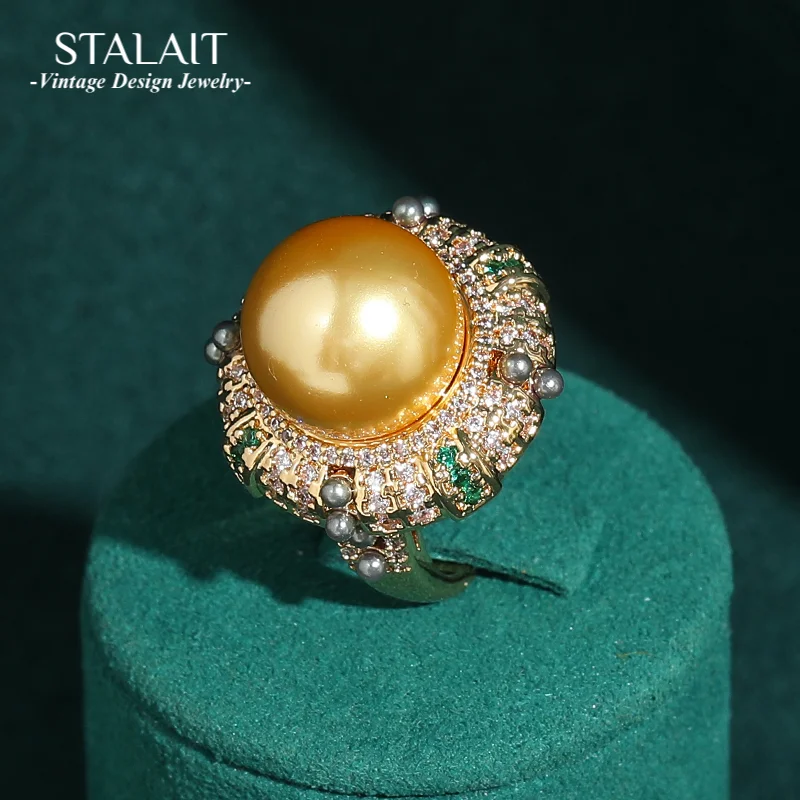 

Vintage Rhinestone Champagne Pearl Ring In Real 18k Gold Color Green Crystal Jewelry 2025 Party Luxury Quality Brands Wedding