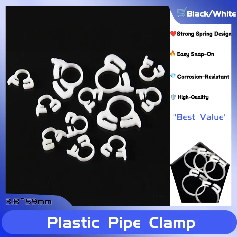 

Black/White Hose Clamps 3.8~59mm Plastic Line Water Pipe Strong Clip Spring Cramps Fuel Air Tube Fitting Fixed Tool 10pcs