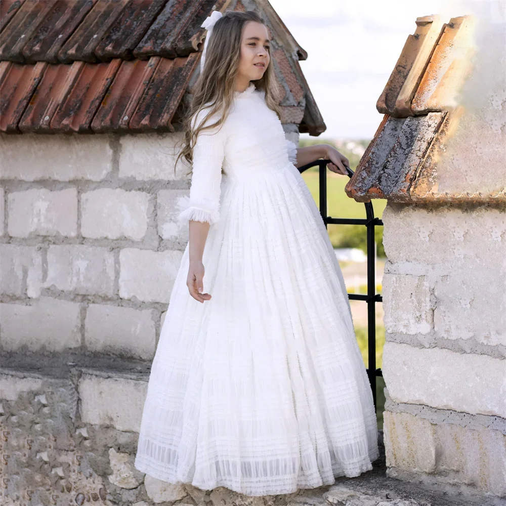 Lace Applique Classic Princess A Line First Communion Dress Elegant High Neck Half Sleeve Long Flower Girl Gown Customized 2024