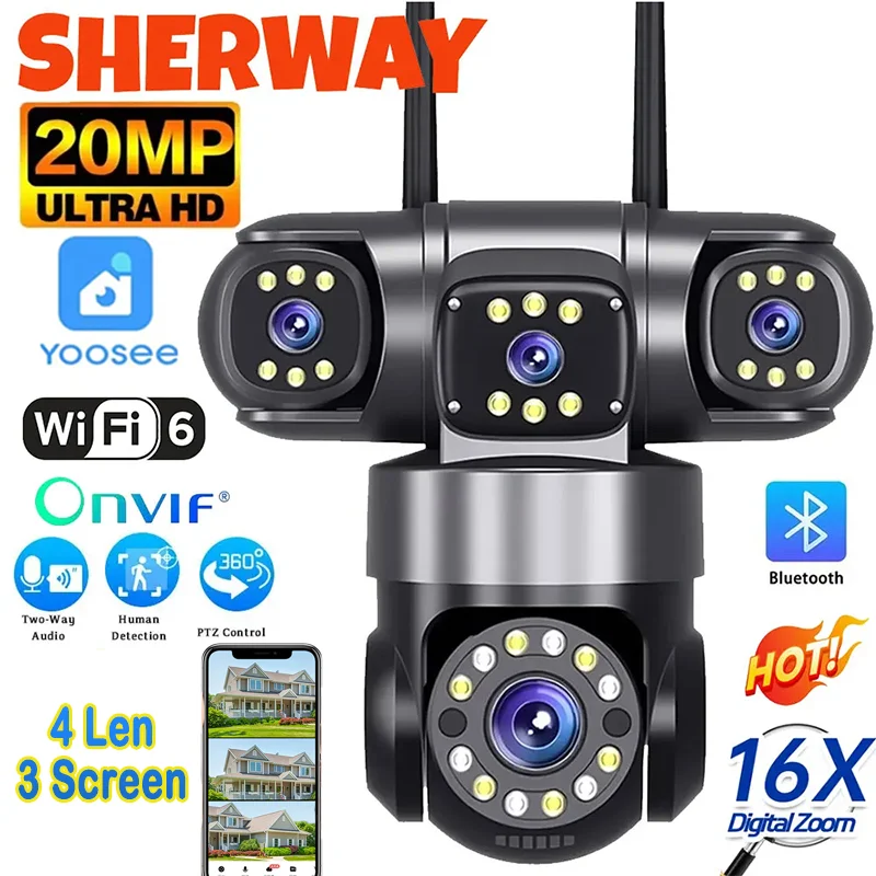 20MP 4 Lenses WiFi Security Camera 360 PTZ Outdoor Wireless 16X Zoom 3 Screen IR Night Vision Auto Tracking Waterproof CCTV Cam