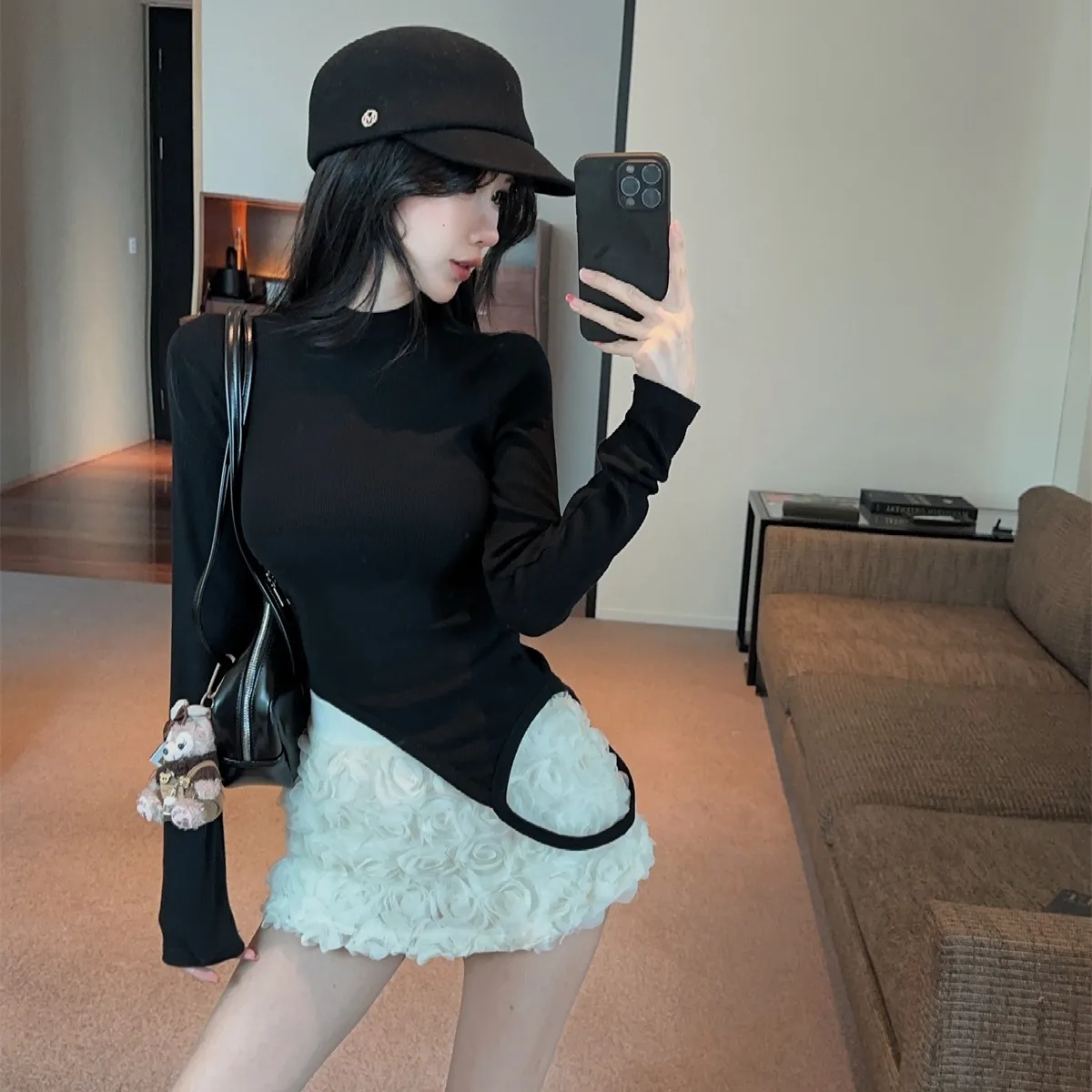Fashionable Long Sleeve T-Shirt And Short Skirt Set Women's Stand Collar 3D Floral Print Autumn New Style Elegant Two-Piece Suit