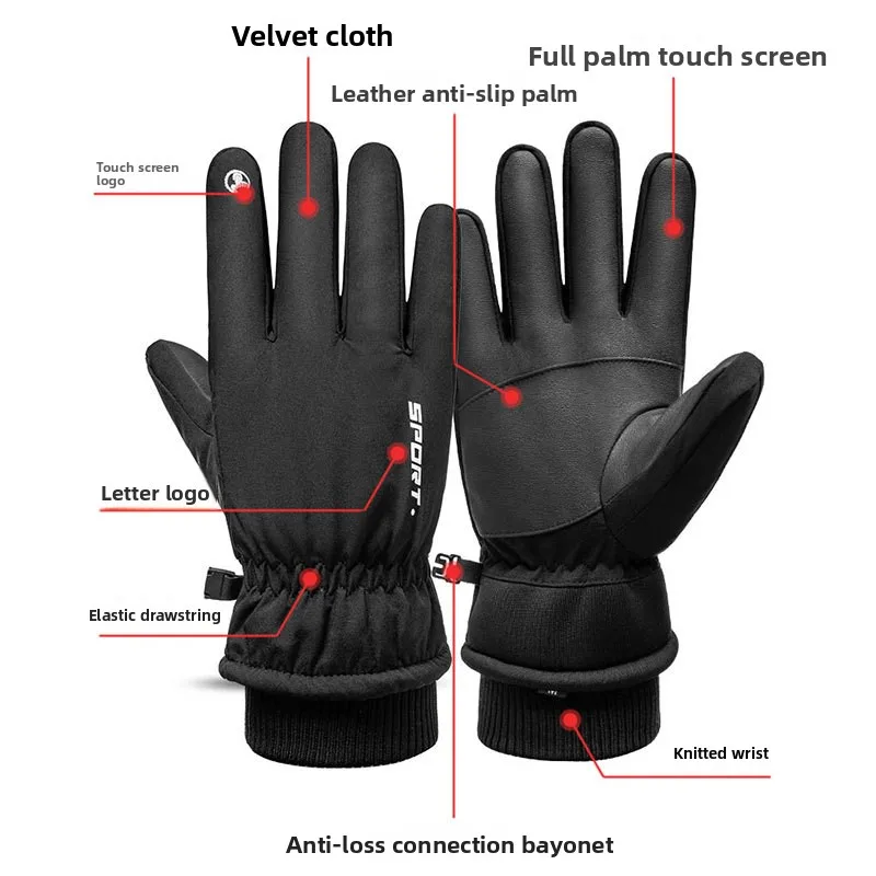 الشتاء للجنسين على الجليد قفازات التزلج بولي Leather الجلود عدم الانزلاق شاشة تعمل باللمس مقاوم للماء دراجة نارية ركوب الدراجات الصوف قفازات الثلج الدافئة