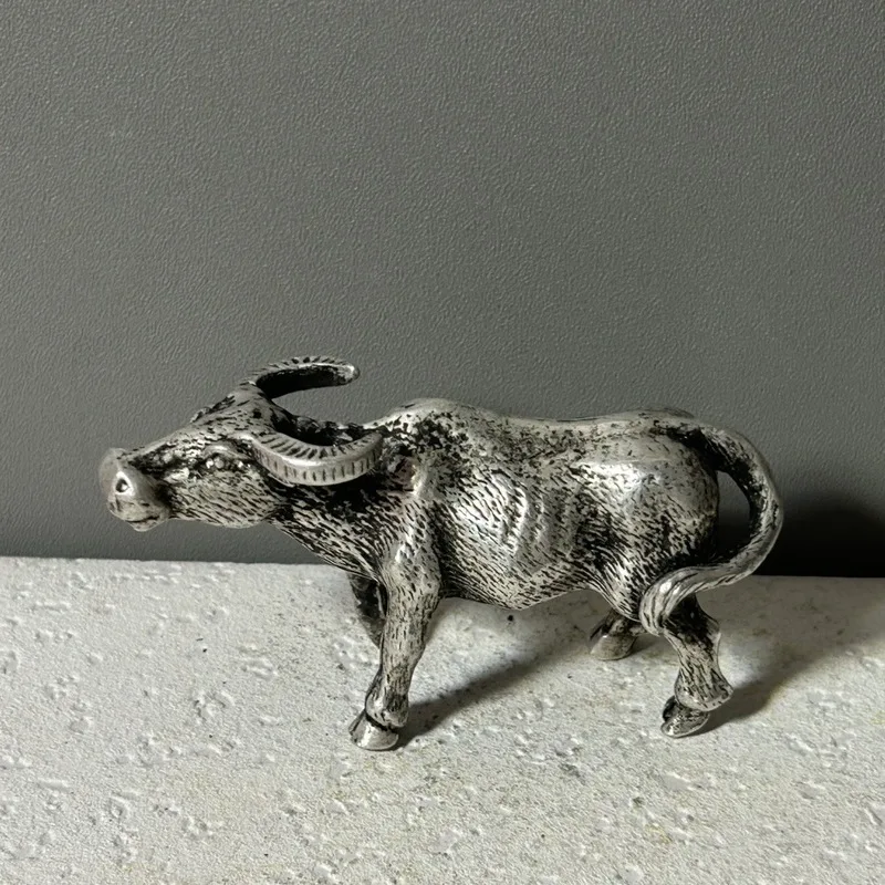 Solid silver-plated buffalo figurine vintage collectible zodiac desktop tea pet animal ornament for living room