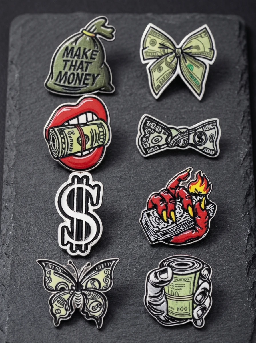 Funny Money Themed Enamel Brooches MAKE THAT MONEY Dollar Sign Pins Bow Butterfly Iron-On Sew-On Shaped Badge for Clothing Decor