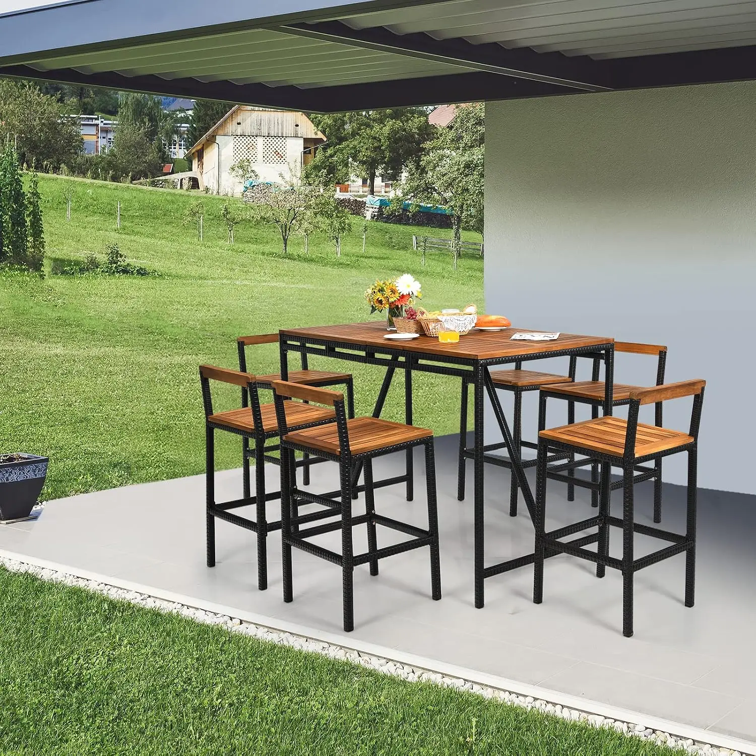 7 Piece Patio Bar Table Set Acacia Wood 6 Bar Stools PE Wicker Umbrella Hole High Dining Bistro Outdoor Backyard Poolside