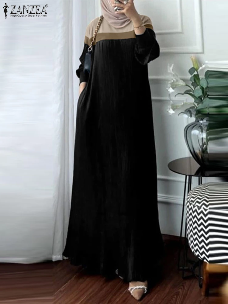 Fashion Autumn Long Sleeve Pleated Sundress 2024 ZANZEA Muslim Abaya Robe Femmme Women Patchwork Maxi Dresses Casual Vestidos