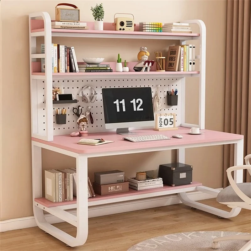 Modern Desktop Computer Table with Perforated Board Small Apartment Student Study Table Writing Desk with Bookshelf Integrated