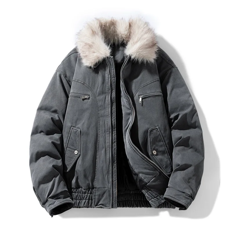 

Man Down Coat Winter Vintage Long Sleeve Pocket Zipper Male Cargo Jacket Thicken Warm Fur Stand Collar Loose Men Outerwear