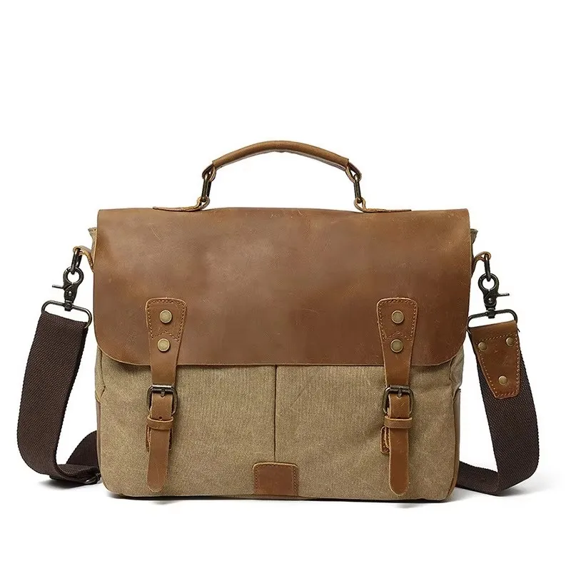 Casual Canvas With Leather Briefcase Men Messenger Bag Flap Pocket Handheld Shoulder Crossbody Bag Business Office Laptop Bags
