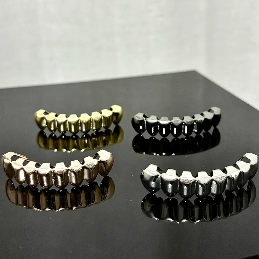 RACHELZ, Color dorado y plateado, dientes inferiores brillantes, tirantes Grillz, gorros de 8 dientes de Hip Hop para mujeres y hombres, joyería, parrillas dentales para Cosplay