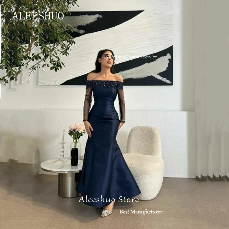 Aleeshuo Elegant Satin Long Prom Dresses Long Sleeves Mermaid Beading Sequined Arabic Boat Neck Evening Gowns Formal Party Dress