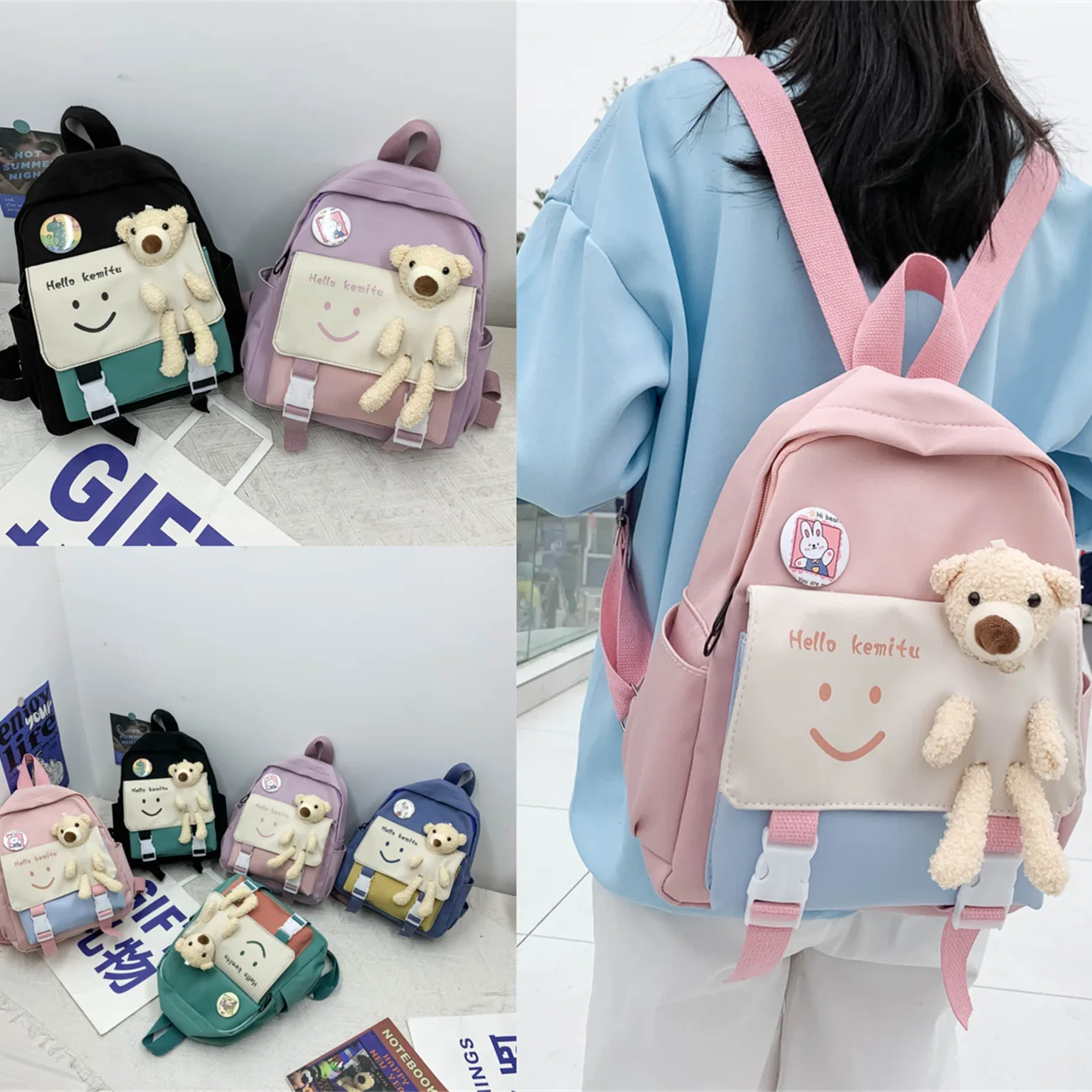 

2026 Cute Plush Bear Splicing Backpack for Kids Kindergarten, Fashion Parent-Child School Bag for Primary Students