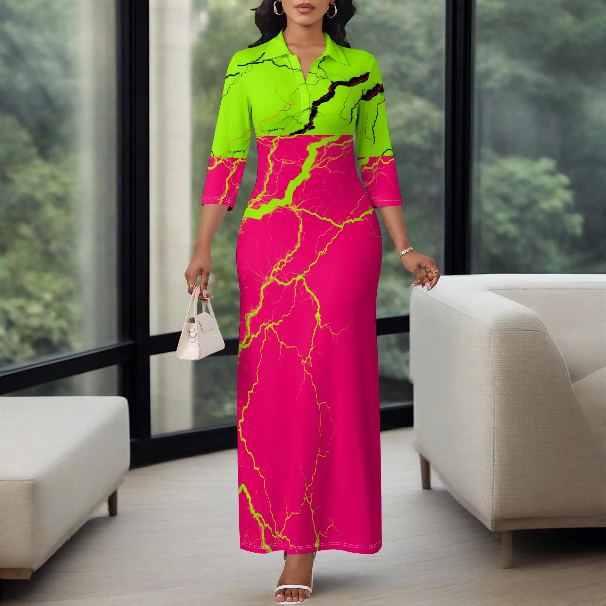 

Electric Women's Maxi Dress 2025 Summer New Arrival Neon Green Pink Lightning Print V-Neck Festival Party Dress XS-3XL