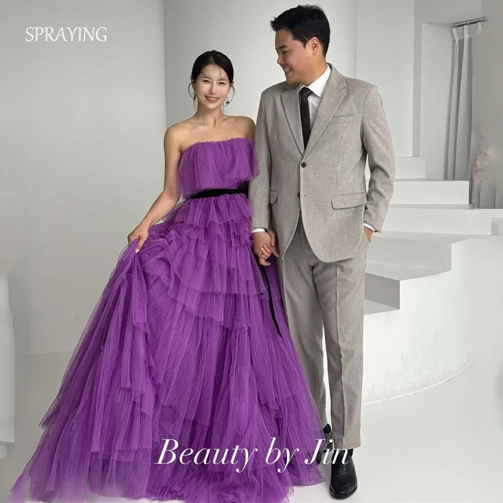 SPRAYING Abito da sera in tulle viola fata Corea Servizio fotografico di matrimonio Senza spalline Una linea Abito da festa lungo a strati Corsetto personalizzato