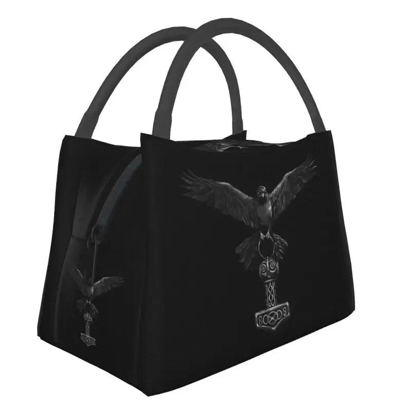 Vikings Raven With Mjolnir Hammer Lunch Bag Women Norse God Lunch Tote for Outdoor Camping Travel Meal Food Box