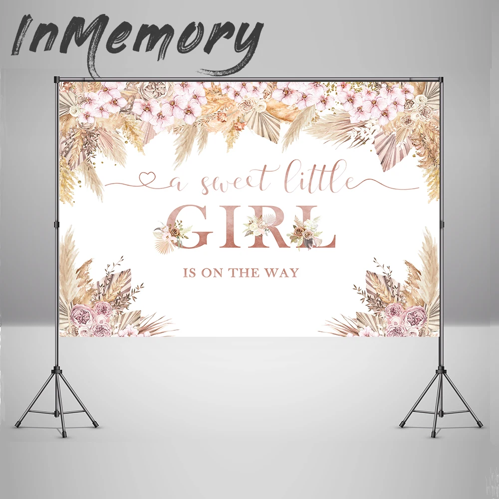 Boho Baby Shower Backdrop Party Banner Wall Decorations Boho Pampas Glitter Dots it is a girl photo background