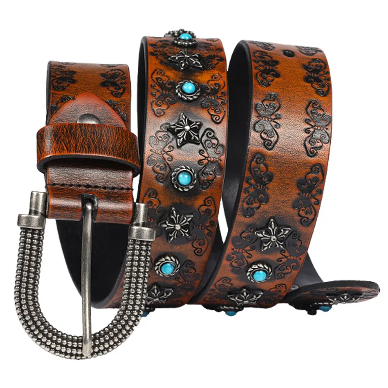 men luxury fashion punk gothic rivets belts natural leather print belt designer rhinestone waistband women designer studded sash
