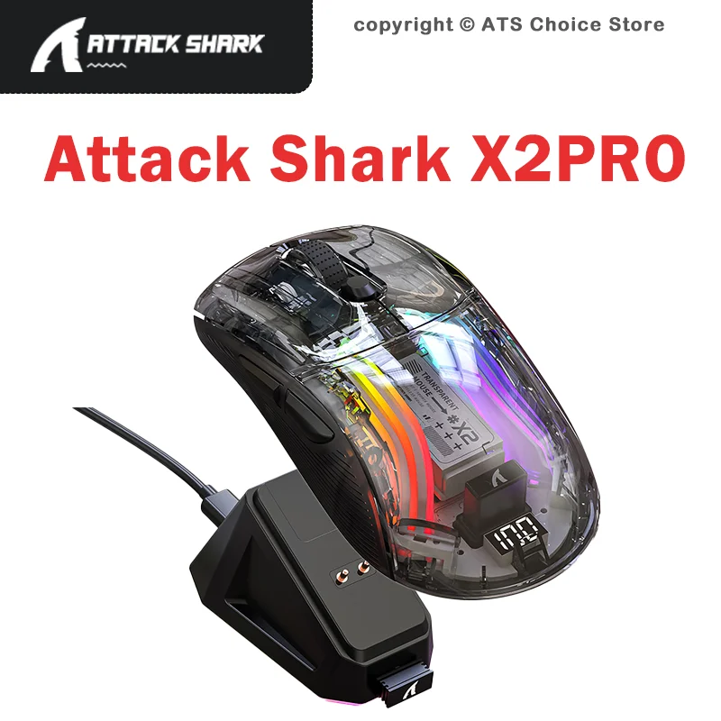 ATTACK SHARK X2Pro Wireless Gaming Mouse RGB Transparent Tri-Mode BT5.0 2.4G USB-C with Charging Dock