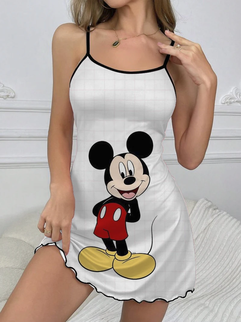 Vestido corto de Mickey Mouse con cuello redondo para mujer, minivestido Sexy con falda de pijama con ribete de lechuga, a la moda de Disney, 2024