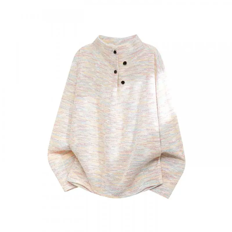 Unisex Mixed Color Stand Collar Knitted Sweater Button Placket Pullover Top Loose Fit Casual Streetwear Long Sleeve 2026 Clothes