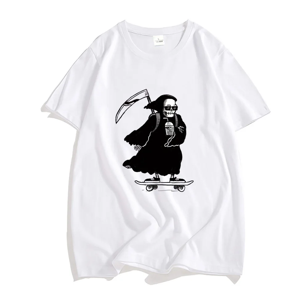 Grim Reaper Skateboard Graphic T Shirt Four Seasons Pure Cotton Short Sleeve Clothing Men/women Hip Hop T-shirts Loose Tops