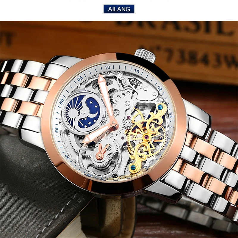 AILANG Mens Watches Top Brand Luxury Mechanical Watch Fashion Tourbillon Hollow Dial Automatic Watch Steel Band Waterproof Reloj