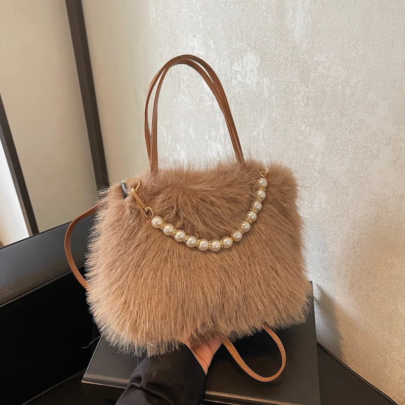 

Plush Handbag For Women New Fashion Pearl Single Shoulder Small Square Crossbody Bag