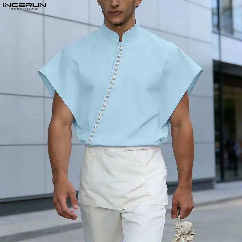 

INCERUN Men's Shirt Solid Color Stand Collar Sleeveless Men Clothes Summer Streetwear Loose 2026 Fashion Casual Tops For Man