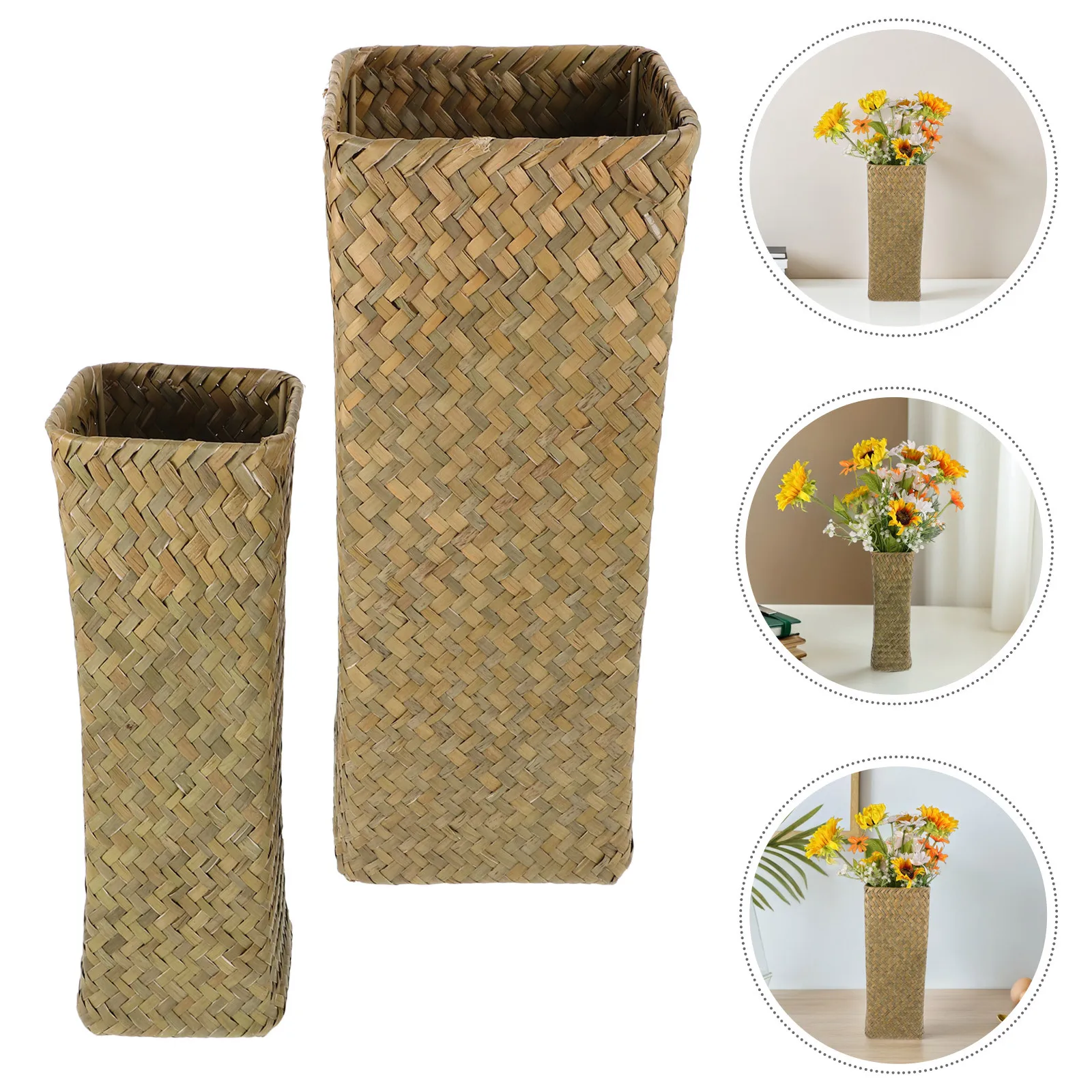 

2pcs Handmade Woven Vintage Vase Floral Container Rattan Pen Holder Flower Pot Dried Vase For Home Decoration Light Brown