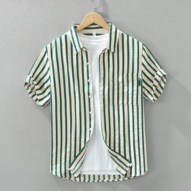 Summer Stripe Loose Fit Men's Shirt Casual Short Sleeve Business Casual CleanFit PU Leather Breathable Short Length Button up