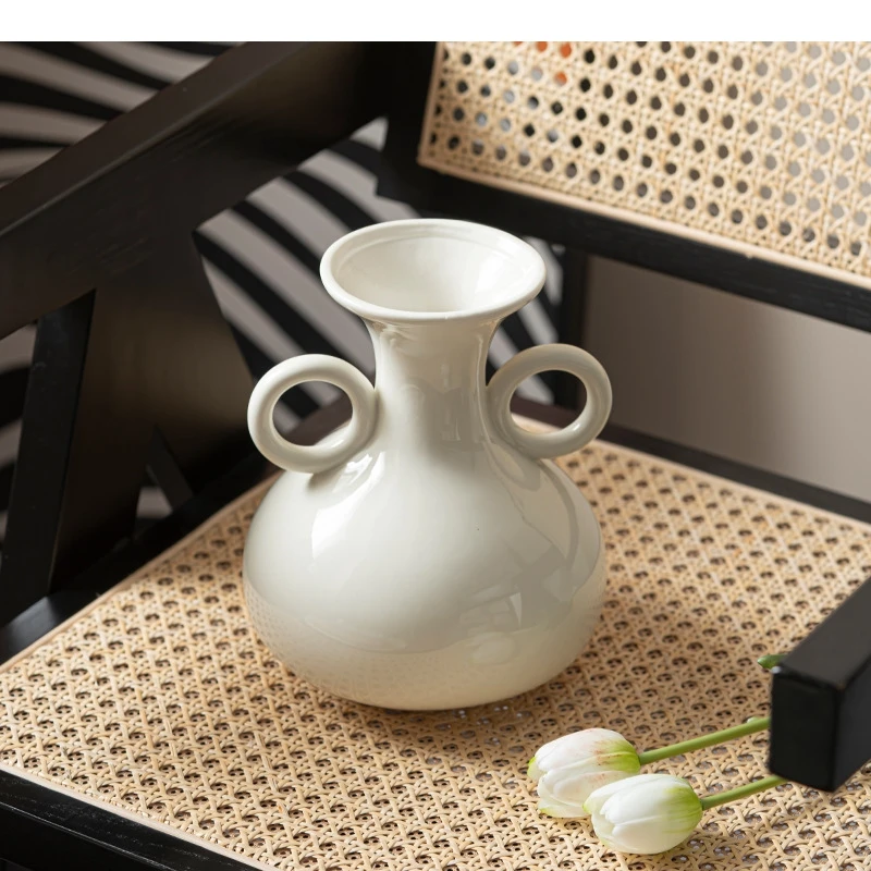 Retro Teapot Ceramic Vase White Porcelain Vase Double-eared Pot Flower Arrangement Accessories Flowerpot Home Decoration