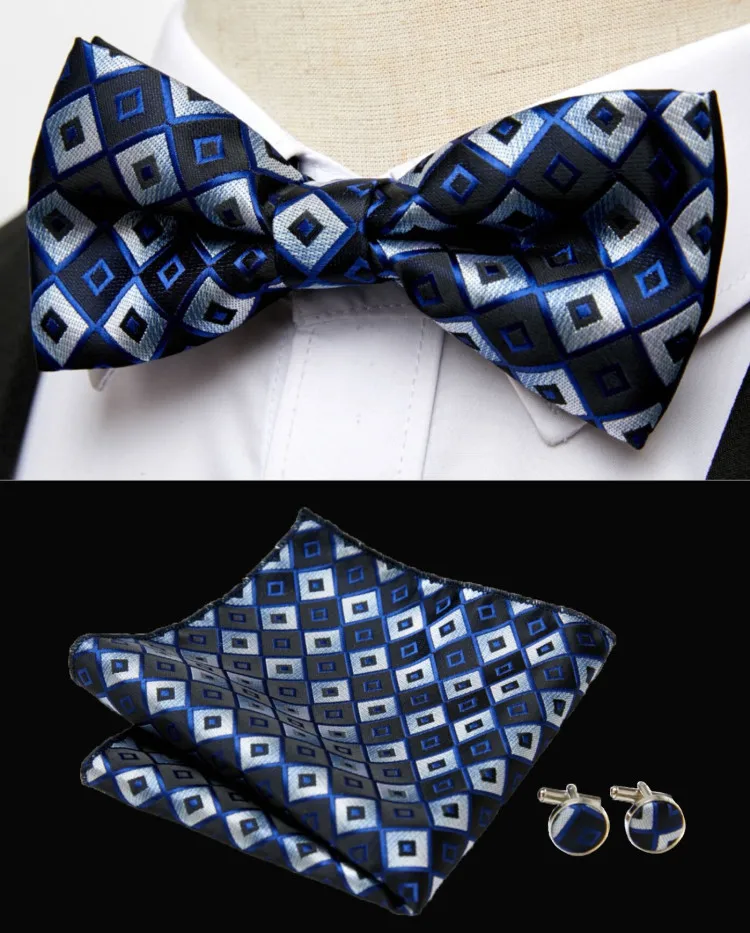 HUISHI Klassische blaue Fliege für Männer, Paisley-Blumenfliege, Einstecktuch, Manschettenknöpfe, Anzug-Set, Hochzeit, Party, kariert, solide Schmetterling – Detail 32