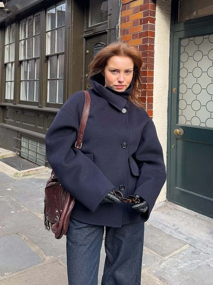 

Зимняя однобортная свободная куртка с длинными рукавами, женские короткие пальто с лацканами и карманами, уличная модная однотонная женская верхняя одежда