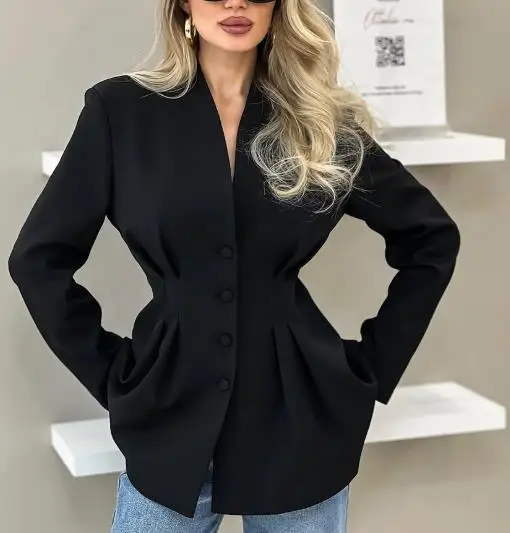 

Women's Jacket Temperament Elegant Slim Fit Waist Cinched Black Long Sleeve Commuting V-Neck Blazer Coat