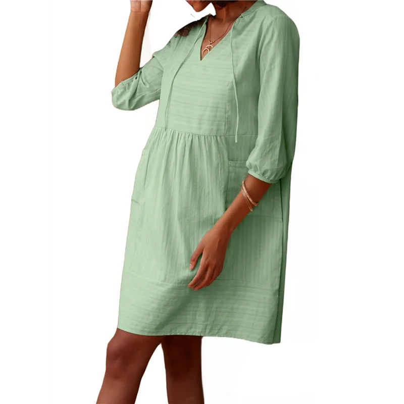 A83F-Donna scollo a V in cotone casual allentato tunica a trapezio grembiule abiti estivi abito da vacanza tasca manica 3/4