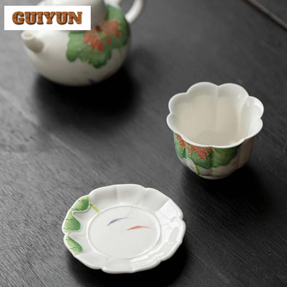 50ml Hand-painted Koi Lotus Petals Teacup Cup Saucer Set Fragrance Master Cup Chazhan Bowl with Holder Household Kung Fu Teaset