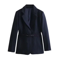 Tangada 2024 Women Elegant Navy Blazer Jacket With Slash Long Sleeve Ladies Suit QD035