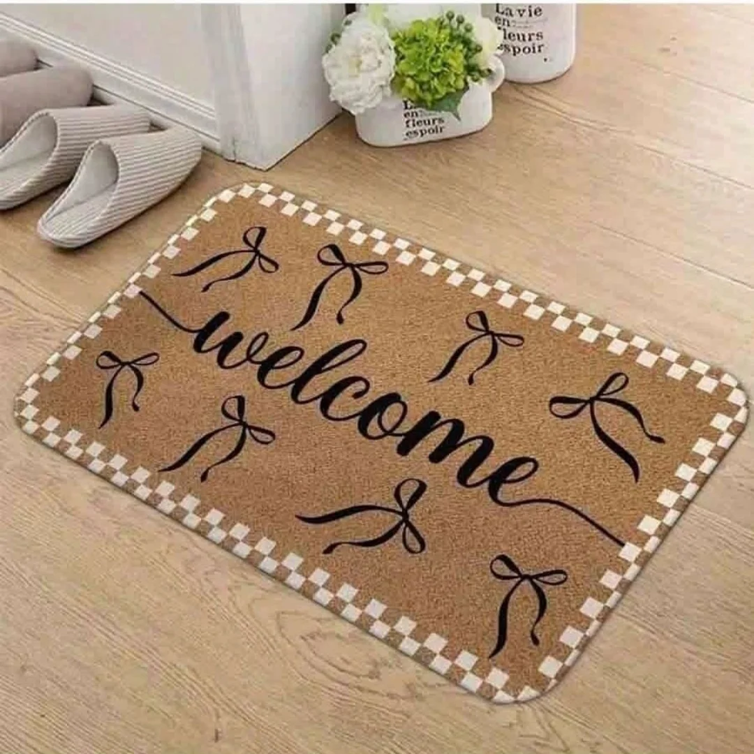 Bow Knot Welcome Coir Door Mat Checkered Border Print Indoor Outdoor Front Entrance Welcome Doormat Home Entry Decor Rug