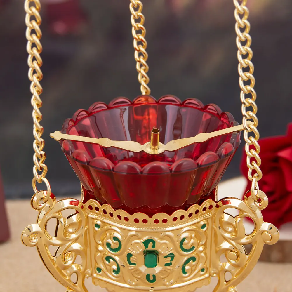 HTISOK Orthodox Christian Hanging Oil Lamp Orthodox Vigil Oil Lamps with Red Glass Cup for Religious Ceremonies and Daily Use