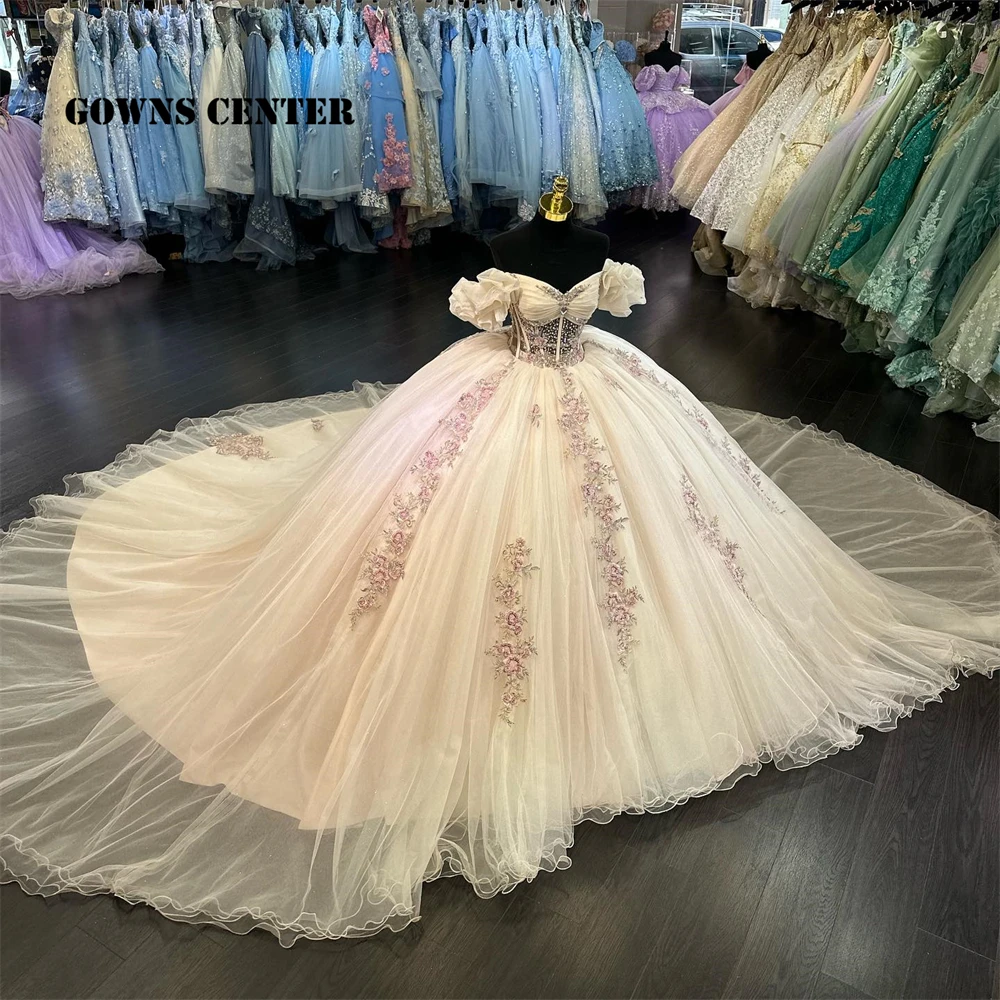 Bufiasty krótki rękaw z kości słoniowej z ramienia Quinceanera sukienki balowe aplikacje gorset księżniczka sukienka vestidos de quinceañera