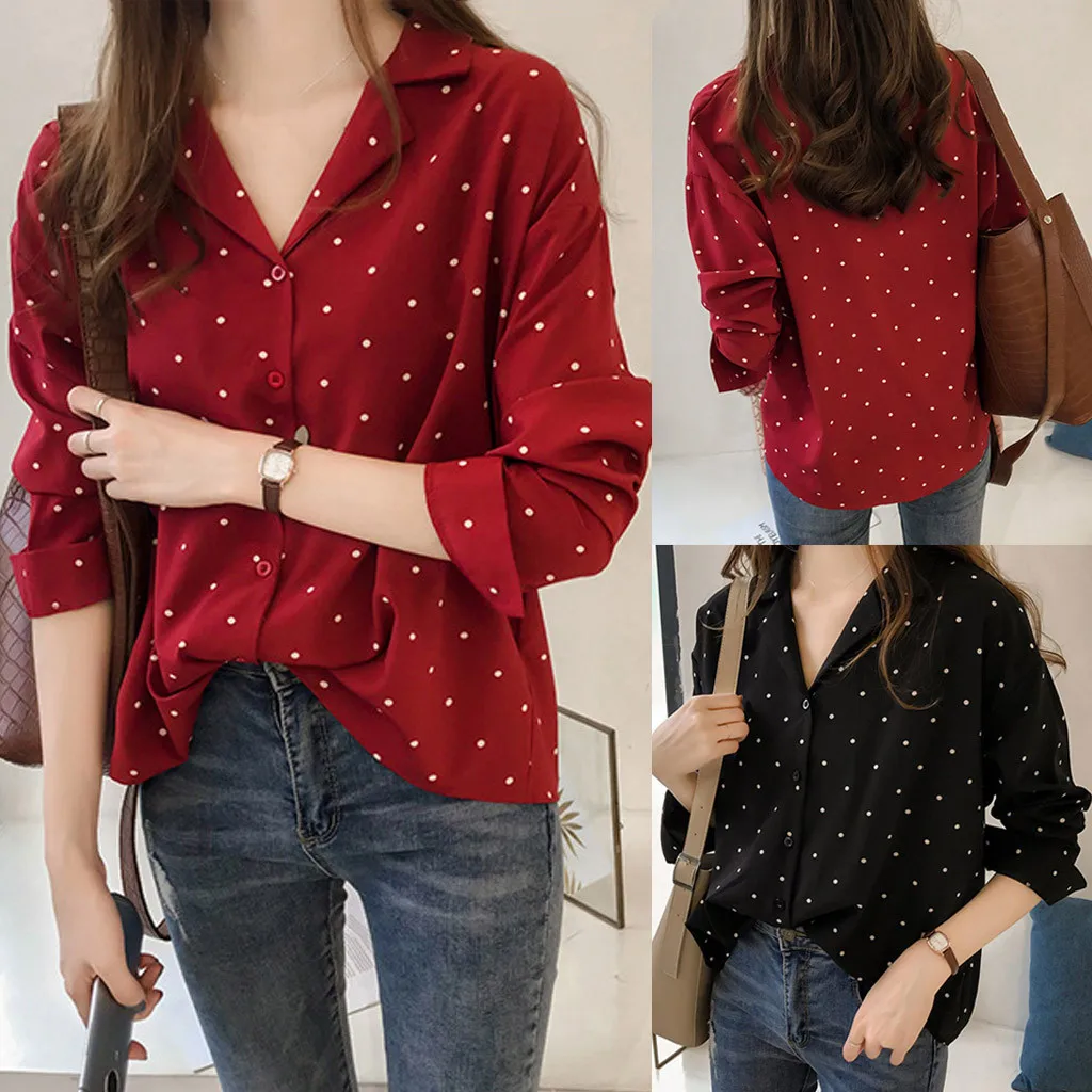 Women’s Casual Long Sleeve Polka Dot Turn-Down Collar Tops Button Shirts Female Autumn Commute Vintage Camisas De Mujer Elegant