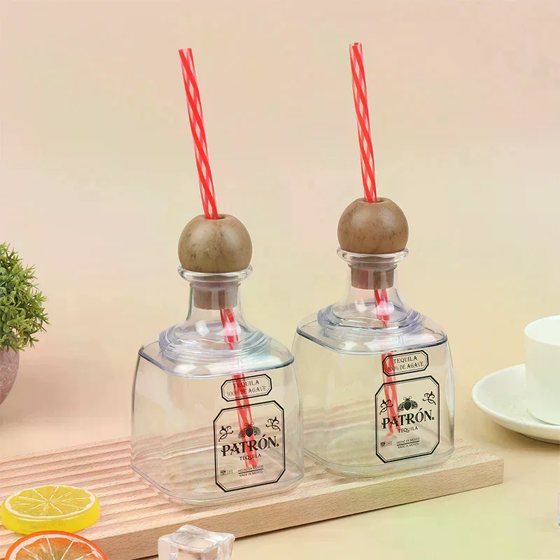 375ml Mini Tequila Bottle With Straw Hole Acrylic Reusable Cup Small Patron Bottle Empty For Drinking Kitchenware
