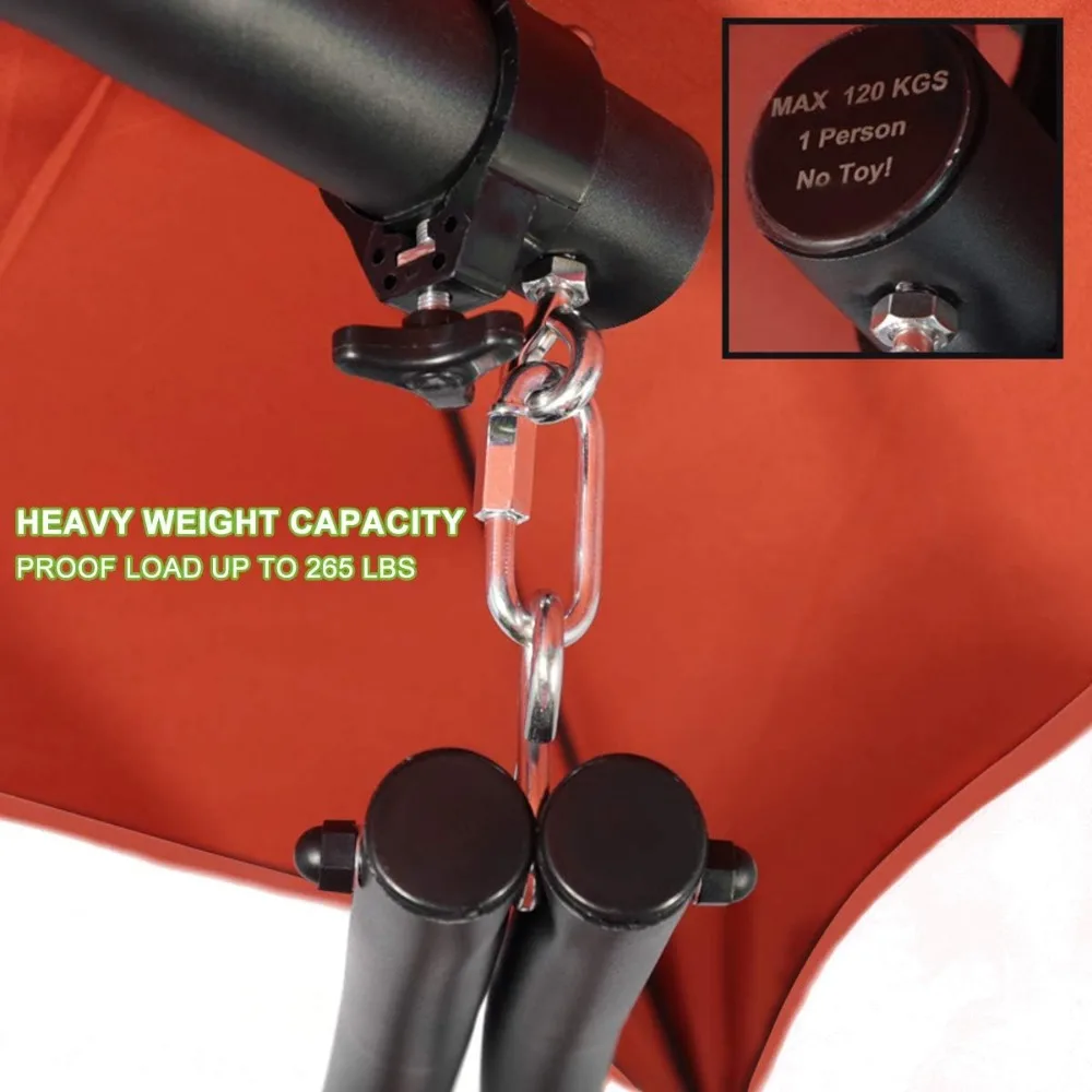 كرسي أرجوحة خارجي برتقالي مع كرسي مبطن، وأرجوحة معلقة، وحامل مظلة من الشمس