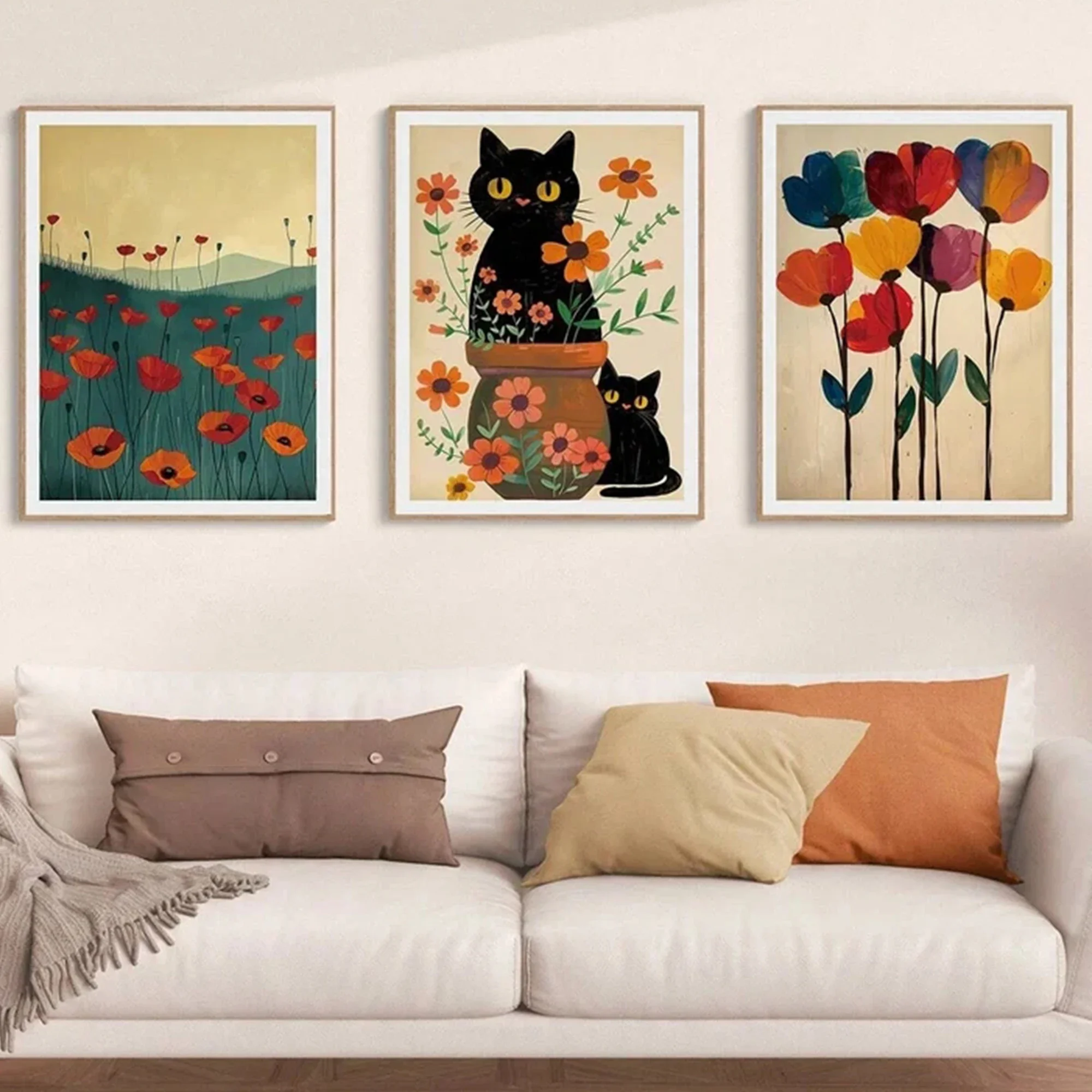 Large-sized 3pcs Modern Boho Kitten & Plants Wall Art Print Canvas Painting Poster Picture For Living Room,Bedroom Home Decor