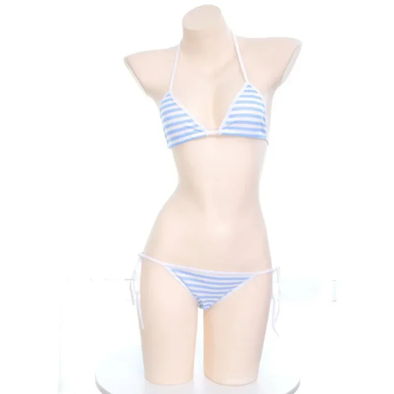 Lencería japonesa Lolita Kawaii, Mini Bikini a rayas azules, rosas y blancas, disfraces eróticos de Cosplay para adultos, conjunto de ropa interior para mujer