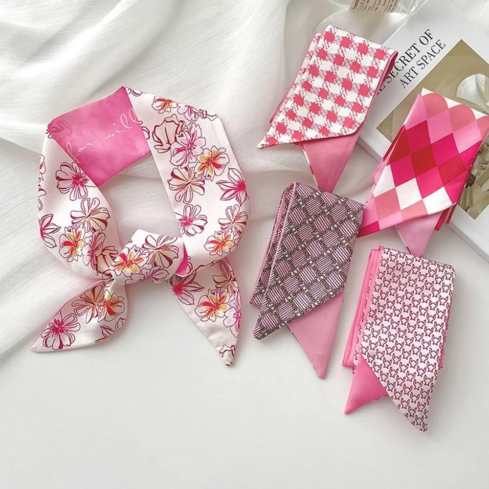 Sweet Pink Small Long Scarf Simple Fashion Print Flower Silk Scarf Ribbon Headband for Female Bag Decoration Accessories