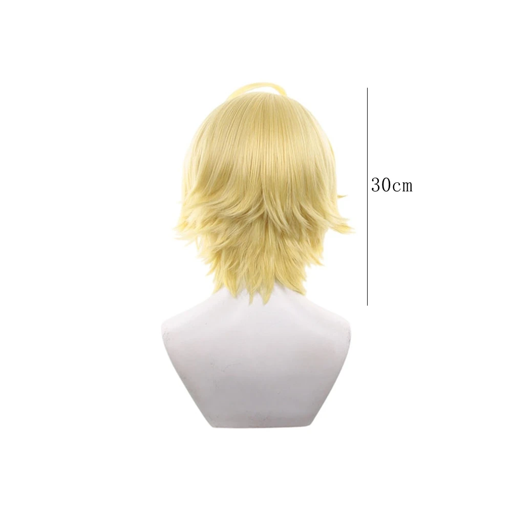 Short Blonde Wig With Ahoge And Layered Bangs For Anime Cosplay Costume Party Halloween Accessory Unisex Synthetic Hairpiece
