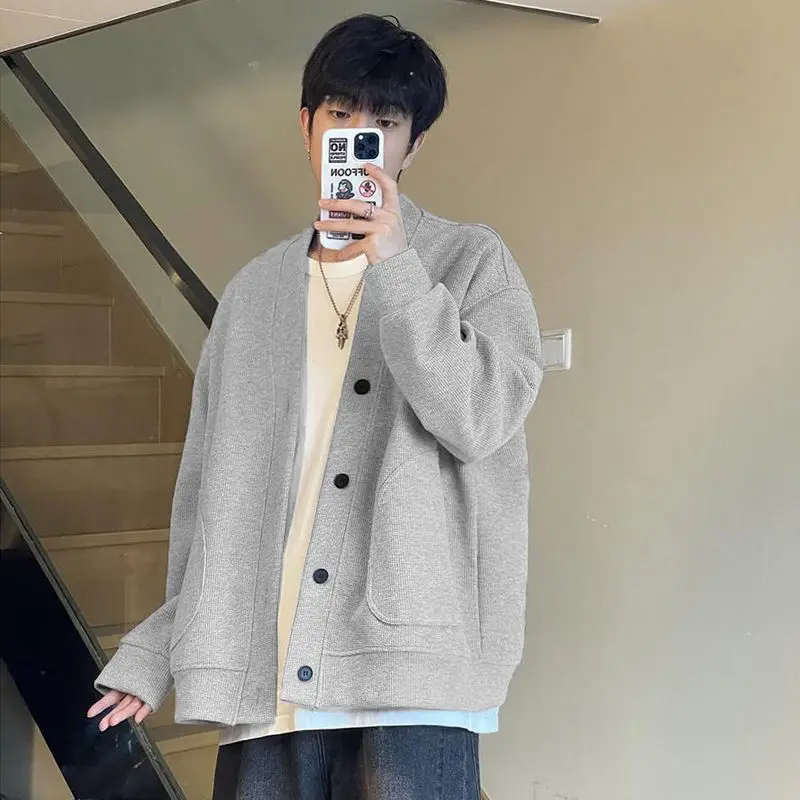 

Man Sweatshirt Cardigan Korean Style Streetwear Oversized Pocket Buttons Coat Casual Gray Harajuku Loose Sweatshirts Coat